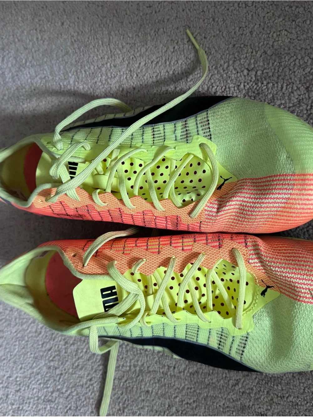 Puma Men’sYellow and Coral/Orange Track Cleats (metal) 10.5